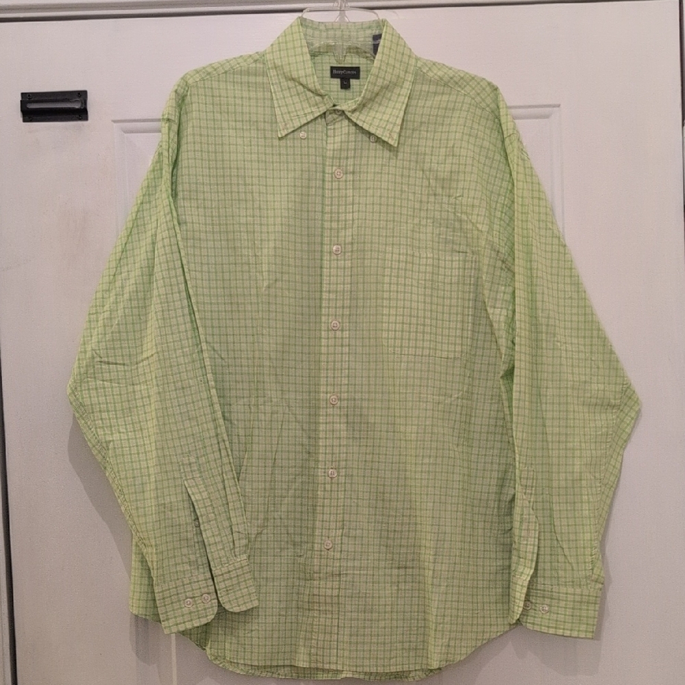 Men's Henry Cotton's Green/Yellow/Blue Plaid Button Down Cotton Shirt, L